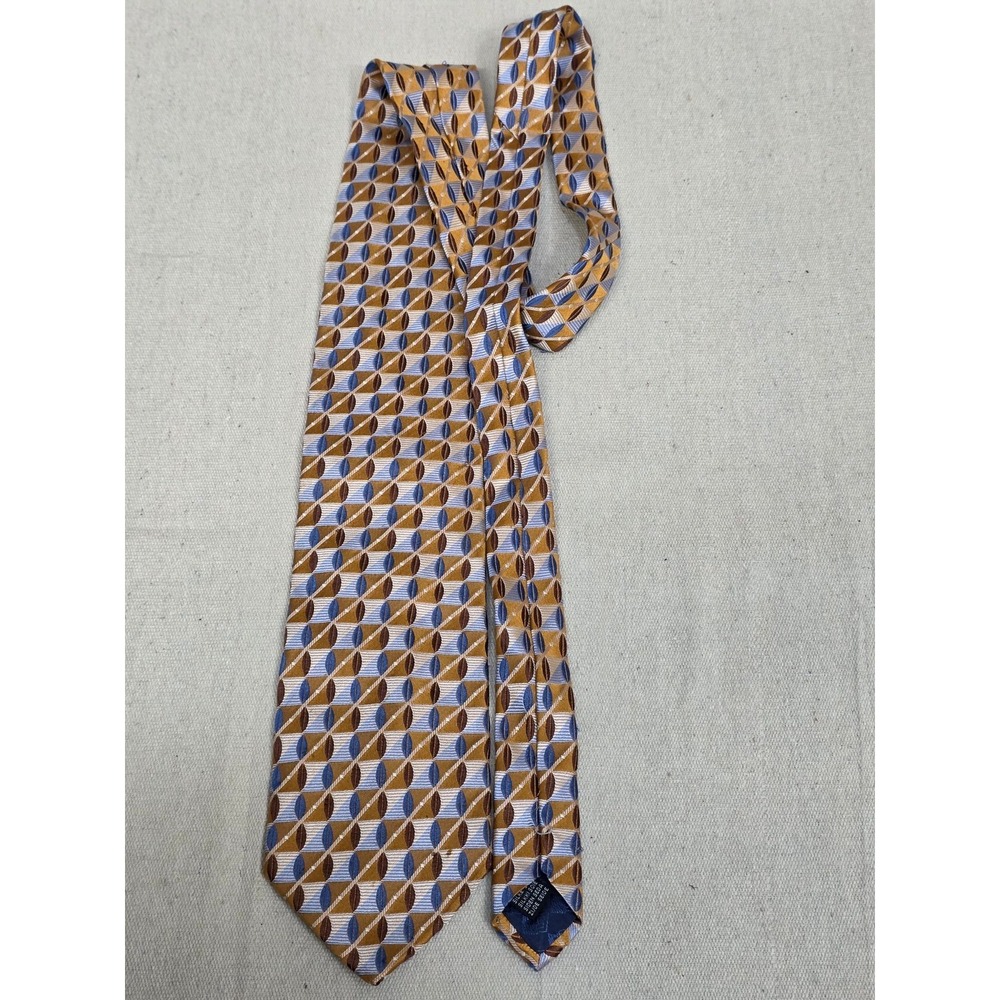 Bachrach‎ Mens Silk Necktie Geometric Gold Blue Brown Made in Italy Accessory